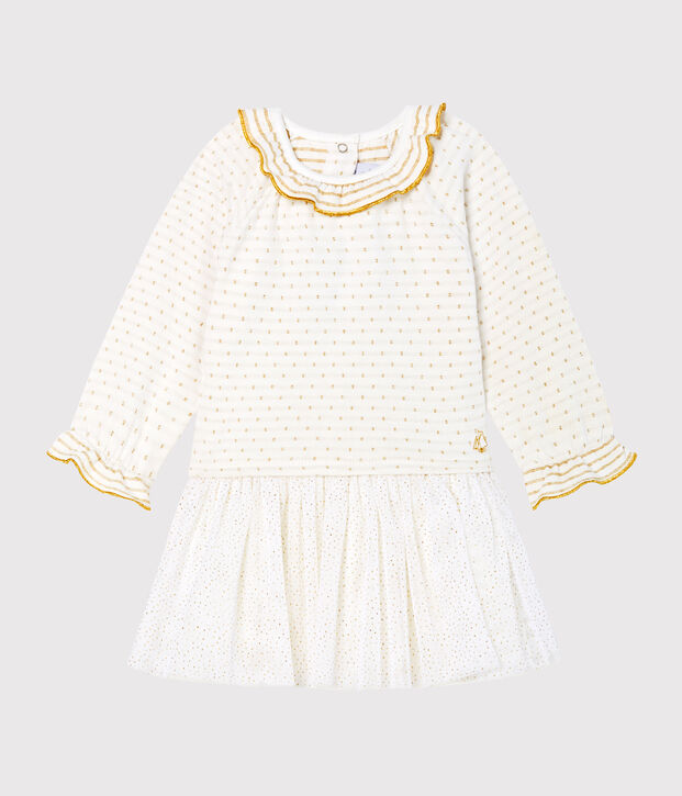Lang&auml;rmeliges Babykleid aus Materialmix f&uuml;r M&auml;dchen weiss/gelb