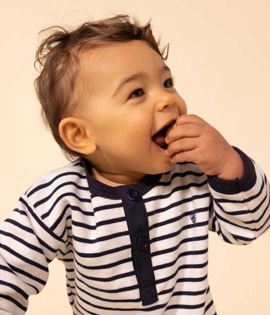 Baby-Langoverall aus dickem Jersey im Streifenlook weiss MARSHMALLOW/blau SMOKING