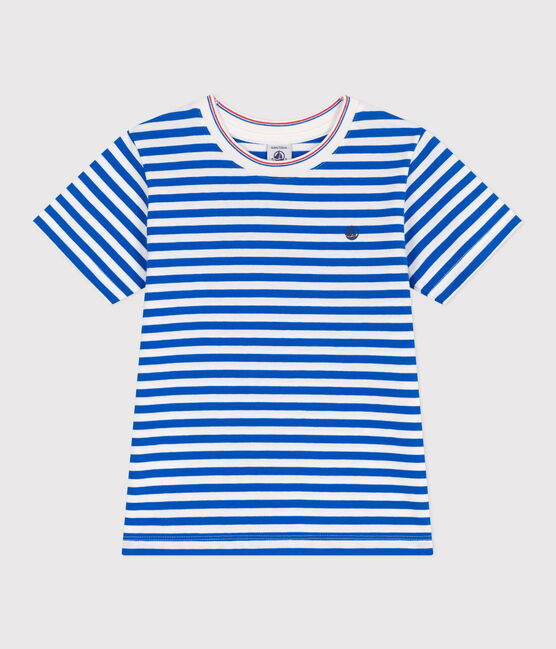 Kurzärmeliges Kinder-T-Shirt aus Baumwolle mit Streifen blau PORCELANA/ MARSHMALLOW