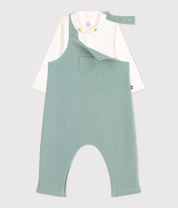 Newborn-Set Latzhose und bestickter Body aus Baumwolle gr&uuml;n