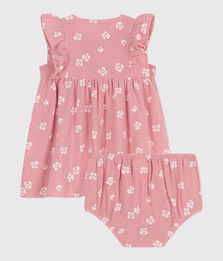 Babykleid mit Bloomer aus gebl&uuml;mtem Musselin-Stoff rosa/weiss