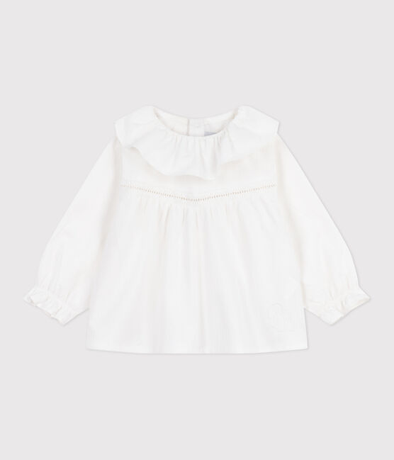 Langärmelige Baby-Bluse aus Baumwoll-Popeline mit Kragen und Stickereien weiss ECUME