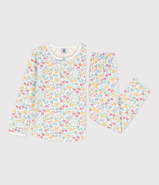 Kinderpyjama aus Baumwolle mit Blumenmotiv f&uuml;r M&auml;dchen weiss/vielfarbig