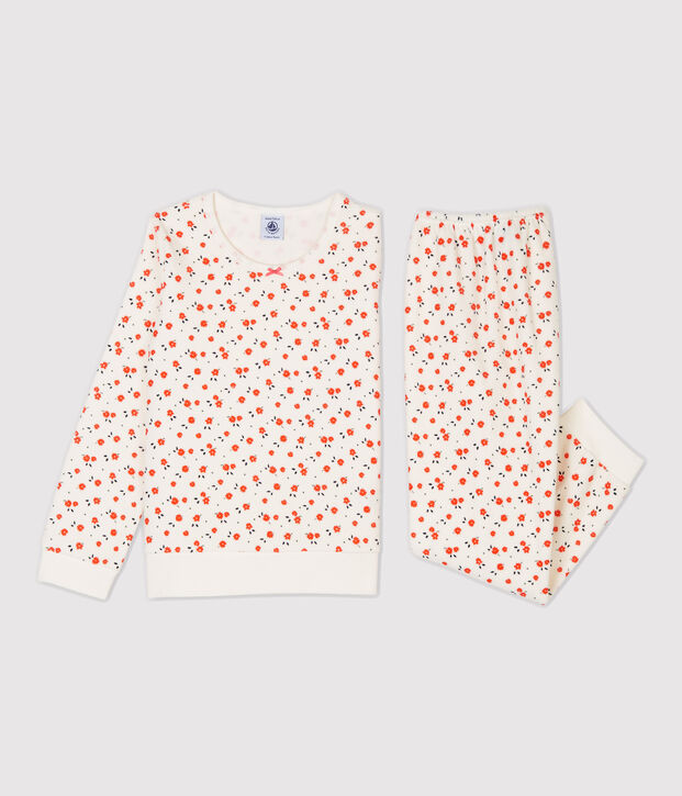 Kinderpyjama aus Nicki mit Blumenmotiv f&uuml;r  M&auml;dchen weiss/vielfarbig