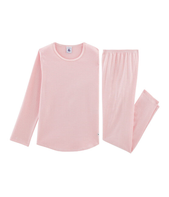 Rippstrick-Pyjama für Mädchen rosa CHARME/weiss MARSHMALLOW