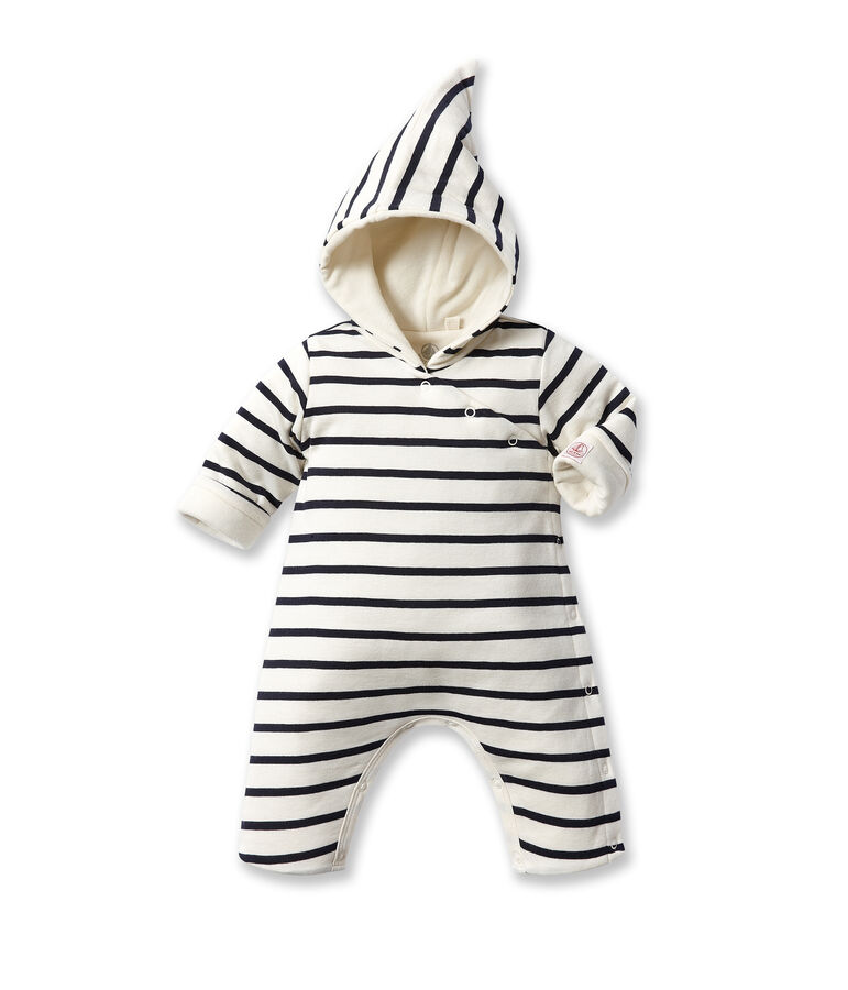 Gestreifter Baby-Overall mit Kapuze beige COQUILLE/blau ABYSSE