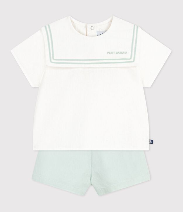 2-teiliges Baby-Set aus Baumwolle/Leinen, Oberteil mit Matrosenkragen weiss/blau