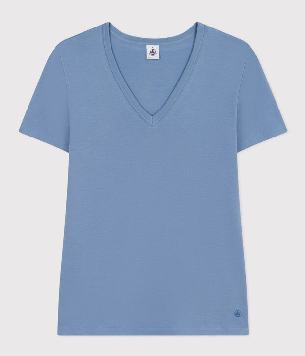 Damen-T-Shirt L'Iconique mit V-Ausschnitt aus Baumwolle, unifarben blau