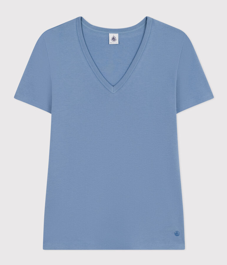 Damen-T-Shirt L'Iconique mit V-Ausschnitt aus Baumwolle, unifarben blau