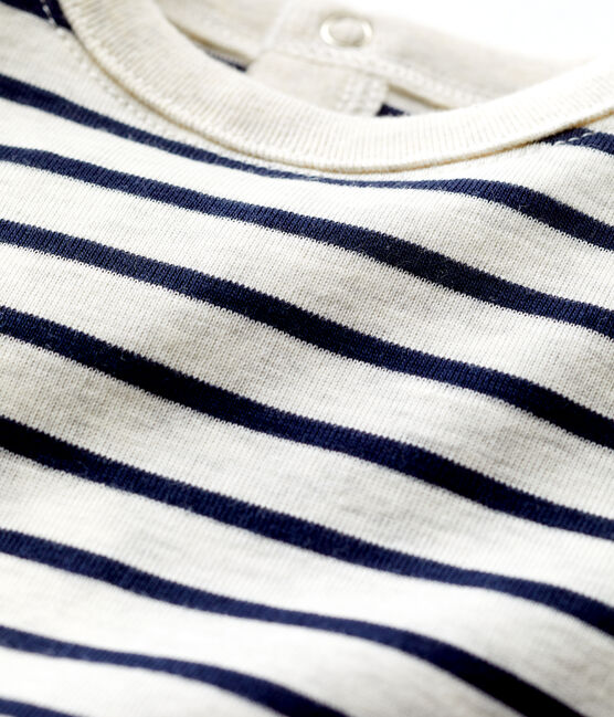 Gestreiftes kurzärmeliges Baby-T-Shirt aus Baumwolle beige MONTELIMAR/blau SMOKING