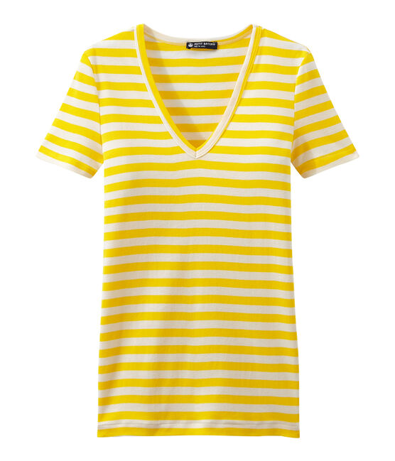 Gestreiftes Damen-T-Shirt mit V-Ausschnitt aus Original-Rippstrick gelb SHINE/weiss MARSHMALLOW
