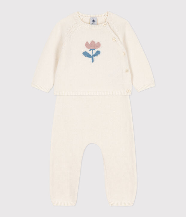Baby-Set aus Woll- und Baumwoll-Strick weiss