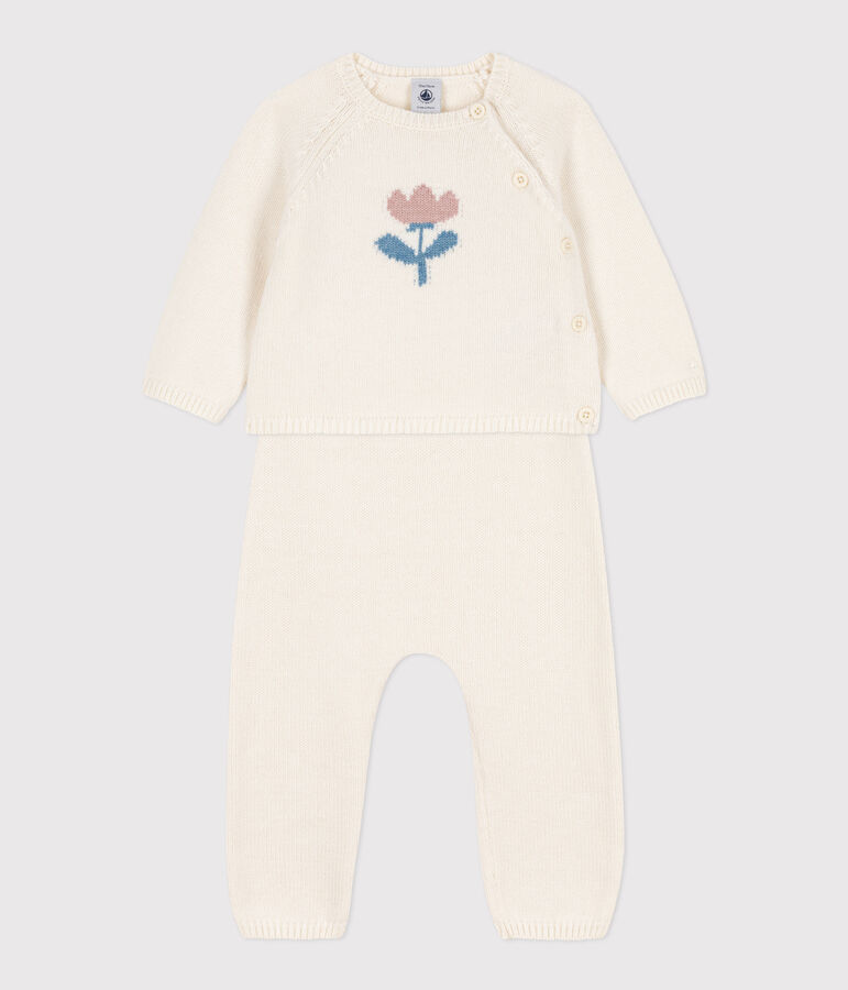 Baby-Set aus Woll- und Baumwoll-Strick weiss