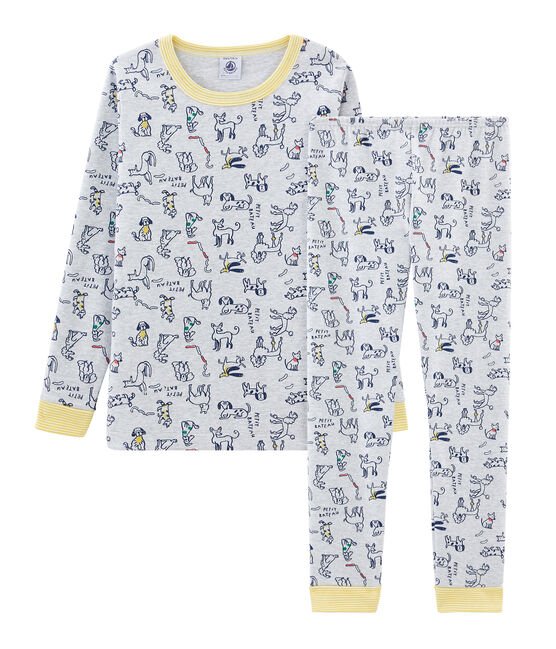Sehr eng anliegender Rippstrick-Pyjama für kleine Jungen grau POUSSIERE/weiss MULTICO