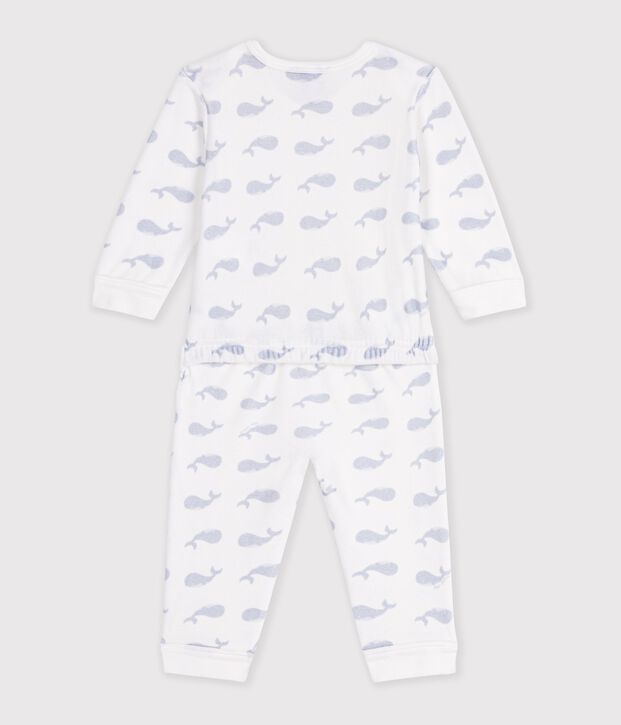 Strampler aus Nicki ohne Druckkn&ouml;pfe mit Walmotiv weiss/blau