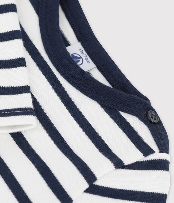 Langärmeliges klassisches Baby-Kleid aus dickem Bio-Jersey weiss MARSHMALLOW/blau SMOKING