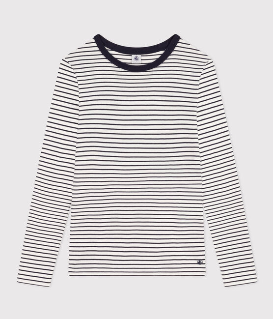 Langärmeliges Damen-T-Shirt "L'Iconique" aus gestreiftem Rippstrick weiss MARSHMALLOW/blau SMOKING