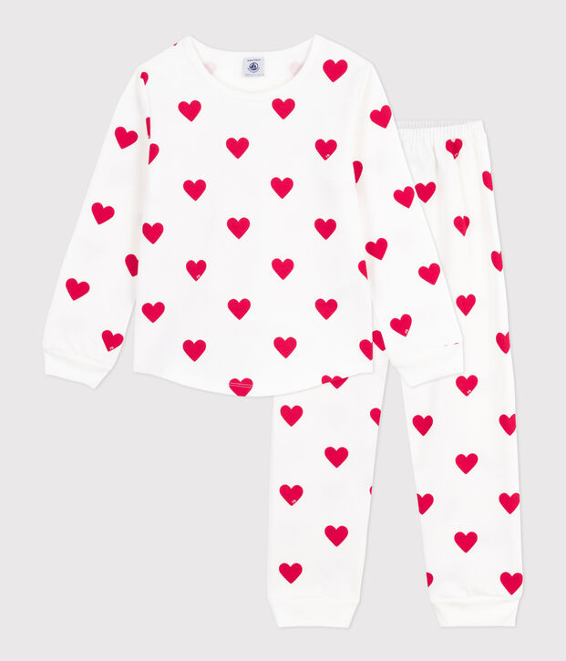 Kinder-Pyjama aus Molton mit Herzmotiv weiss/rot