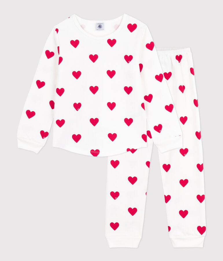Kinder-Pyjama aus Molton mit Herzmotiv weiss/rot
