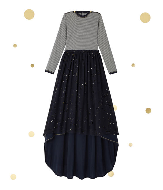Mädchen-Langarmkleid im 2-in-1-Effekt Petit bateau x Marie-Agnès Gillot blau SMOKING/beige COQUILLE