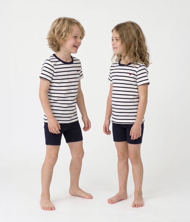 Kinder-Kurzpyjama aus Baumwolle im Matrosenmuster f&uuml;r Jungen weiss/blau