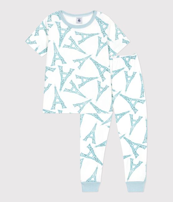 Kurzärmeliger Kinder-Pyjama mit langer Hose aus Baumwolle mit Eiffelturm-Motiv weiss MARSHMALLOW/weiss MULTICO