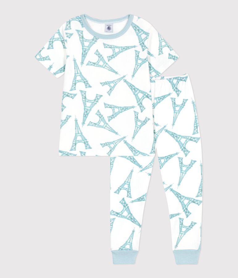 Kurz&auml;rmeliger Kinder-Pyjama mit langer Hose aus Baumwolle mit Eiffelturm-Motiv weiss/vielfarbig