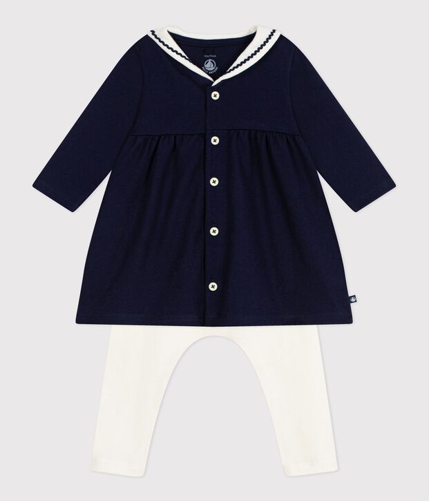 Baby-Kleid im Marine-Look mit Matrosenkragen und Leggings aus Baumwolle blau/naturfarben