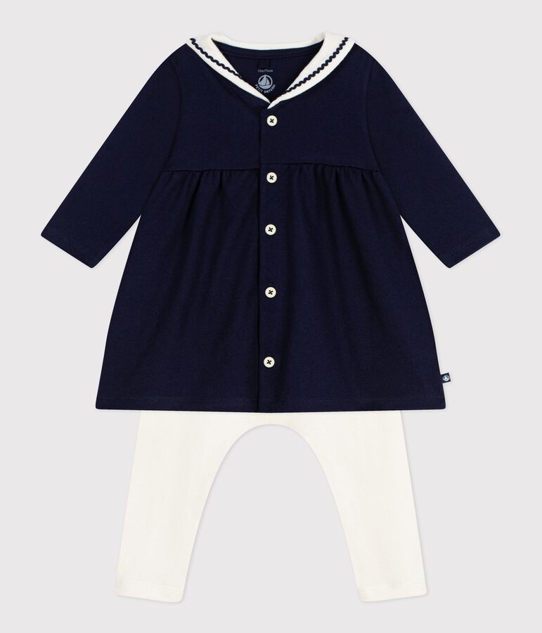 Baby-Kleid im Marine-Look mit Matrosenkragen und Leggings aus Baumwolle blau/naturfarben