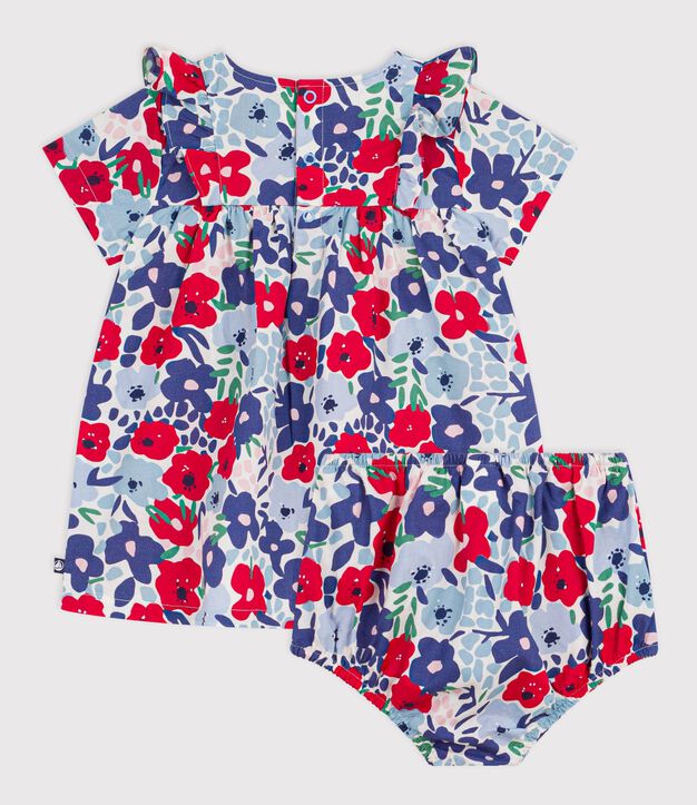 Kurz&auml;rmeliges Babykleid aus Baumwolle und dazu passender Bloomer mit Blumenmuster weiss/vielfarbig