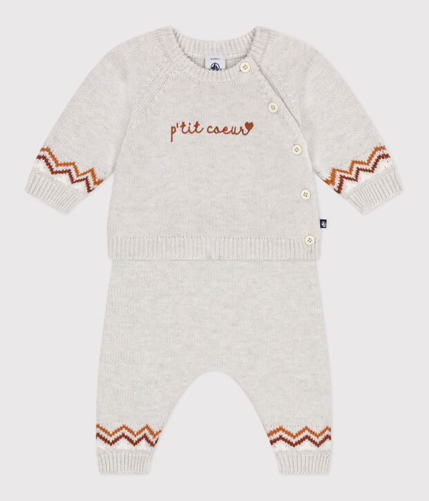 2-teiliges Baby-Set aus Wollstrick mit P'tit  C&oelig;ur-Motiv beige/vielfarbig