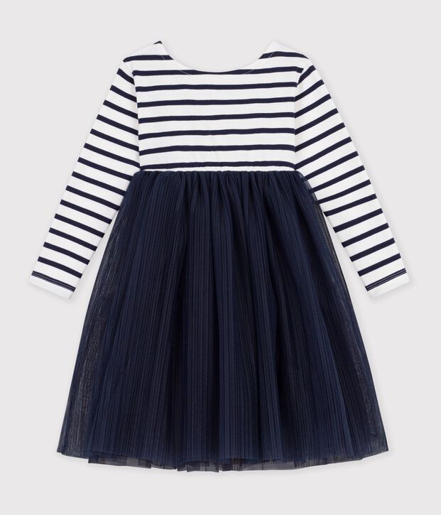 Lang&auml;rmeliges Kinder-Kleid aus Baumwolle und T&uuml;ll mit Streifen weiss/blau
