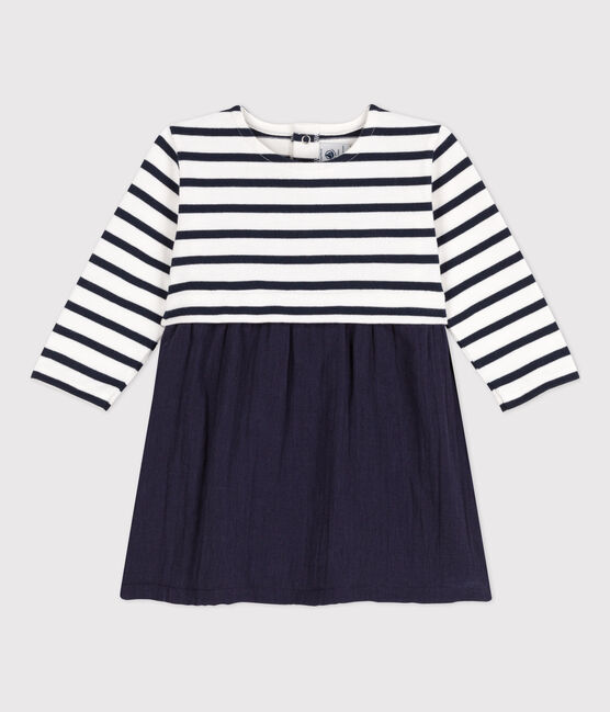 Langärmeliges Kleid für Mädchen blau SMOKING/weiss MARSHMALLOW