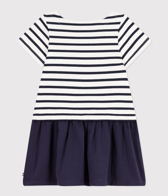 Kurzärmeliges Kleid aus dickem Jersey und Baumwollgaze, Kinder/Mädchen weiss MARSHMALLOW/blau SMOKING