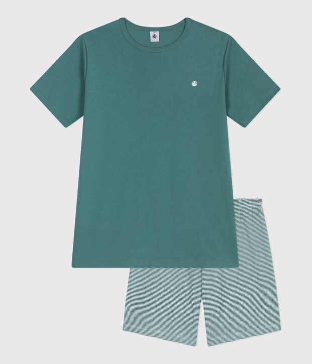 Kinder-Kurzpyjama aus Baumwolle mit Streifen gr&uuml;n/weiss