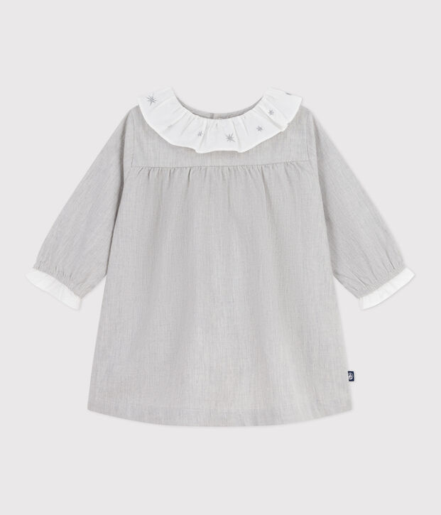 Lang&auml;rmeliges Baby-Kleid mit Kragen aus einfarbigem Flanell FUMEE CHINE