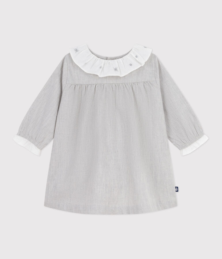 Lang&auml;rmeliges Baby-Kleid mit Kragen aus einfarbigem Flanell grau