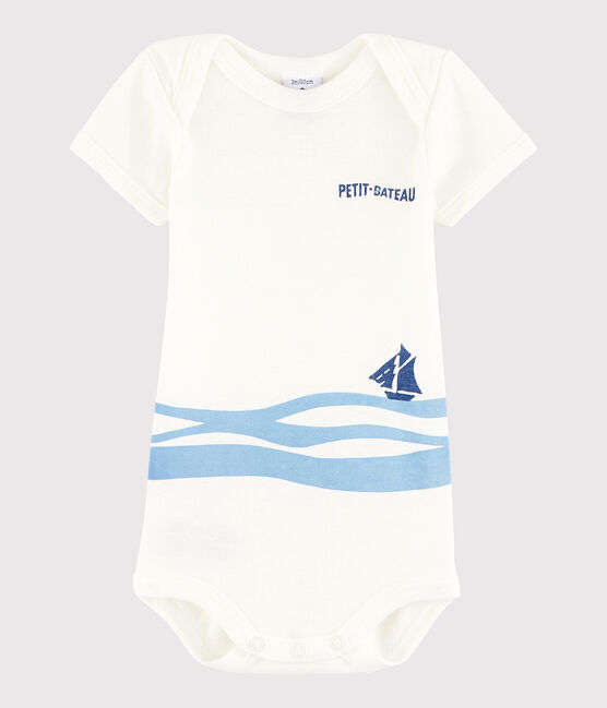 Kurzärmeliger Baby-Body Mädchen/Jungen weiss MARSHMALLOW/blau JASMIN