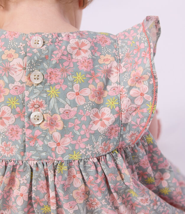 Kurz&auml;rmeliges Babykleid aus Baumwolle und dazu passender Bloomer mit Blumenmuster blau/vielfarbig