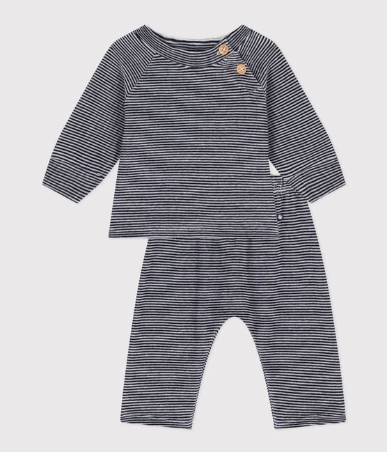 Gestreifte Baby-Kombination aus Samt blau SMOKING/weiss MARSHMALLOW
