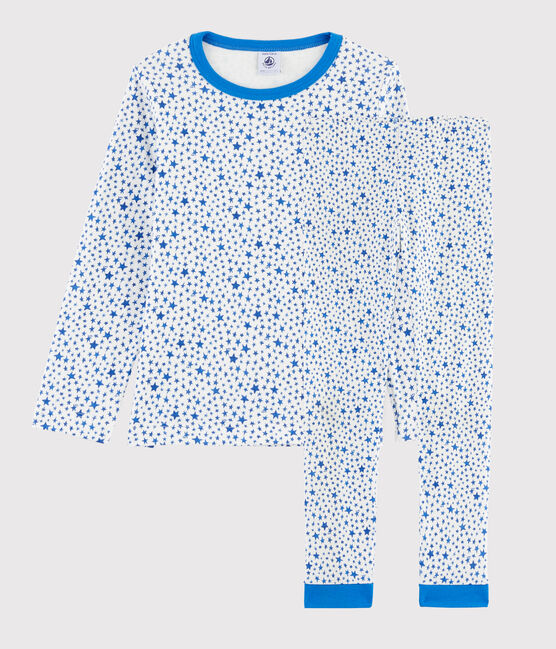 Kinderpyjama aus Doppeljersey mit blauen Sternchen für Jungen weiss MARSHMALLOW/weiss MULTICO