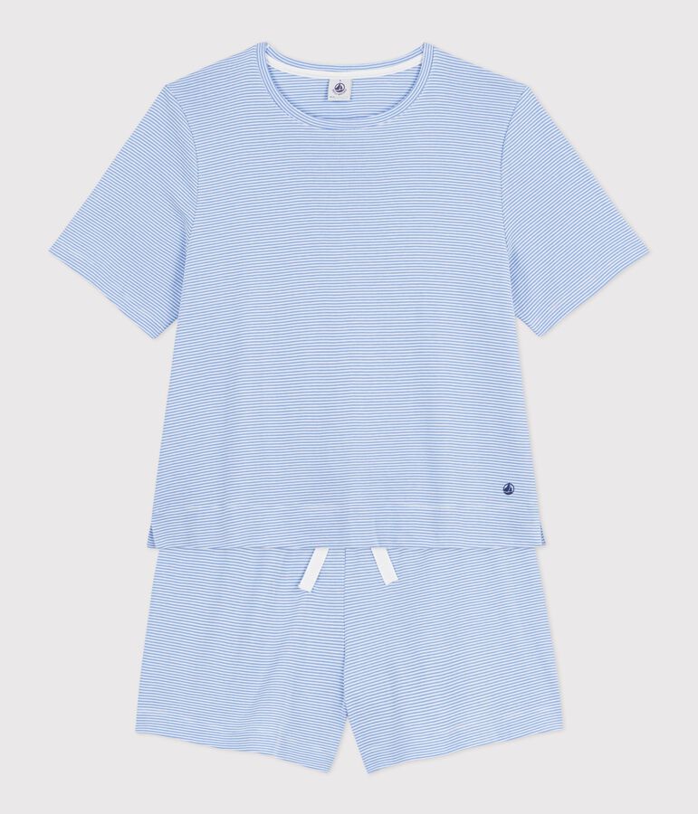 Damen-Kurzpyjama aus Baumwolle mit Streifen blau/weiss