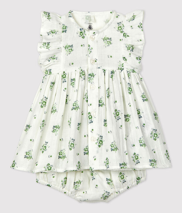 Babykleid mit Bloomers aus Bio-Baumwollgaze mit Blumenmuster weiss/vielfarbig