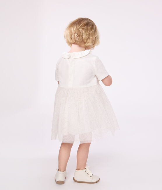 Kurzärmeliges Baby-Kleid aus Baumwolle und Tüll mit Halskrause weiss MARSHMALLOW/rosa COPPER
