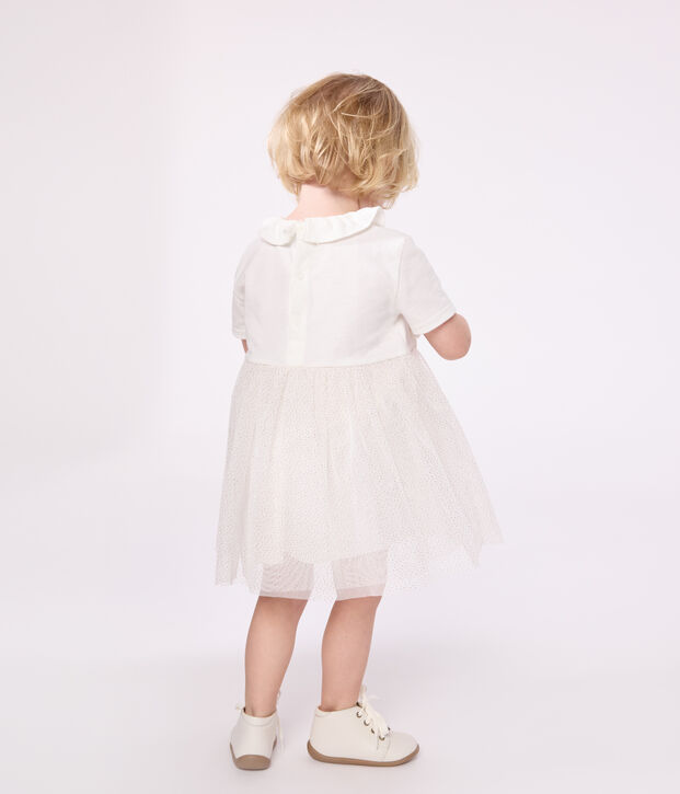Kurz&auml;rmeliges Baby-Kleid aus Baumwolle und T&uuml;ll mit Halskrause weiss/rosa