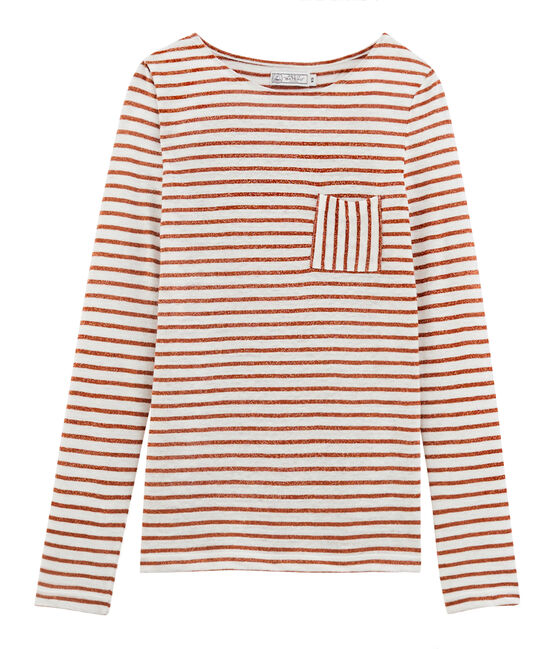 Langarm-leinen-t-shirt damen weiss MARSHMALLOW/rosa COPPER CN