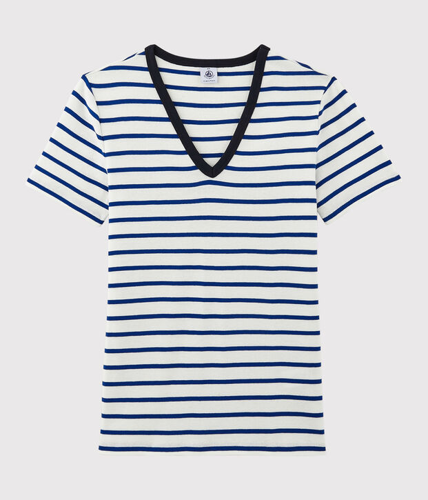 Damen-T-Shirt aus Baumwolle mit V-Ausschnitt weiss/blau