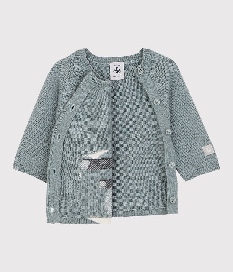 Baby-Cardigan aus Woll-/Baumwollstrick mit B&auml;renmotiv grau
