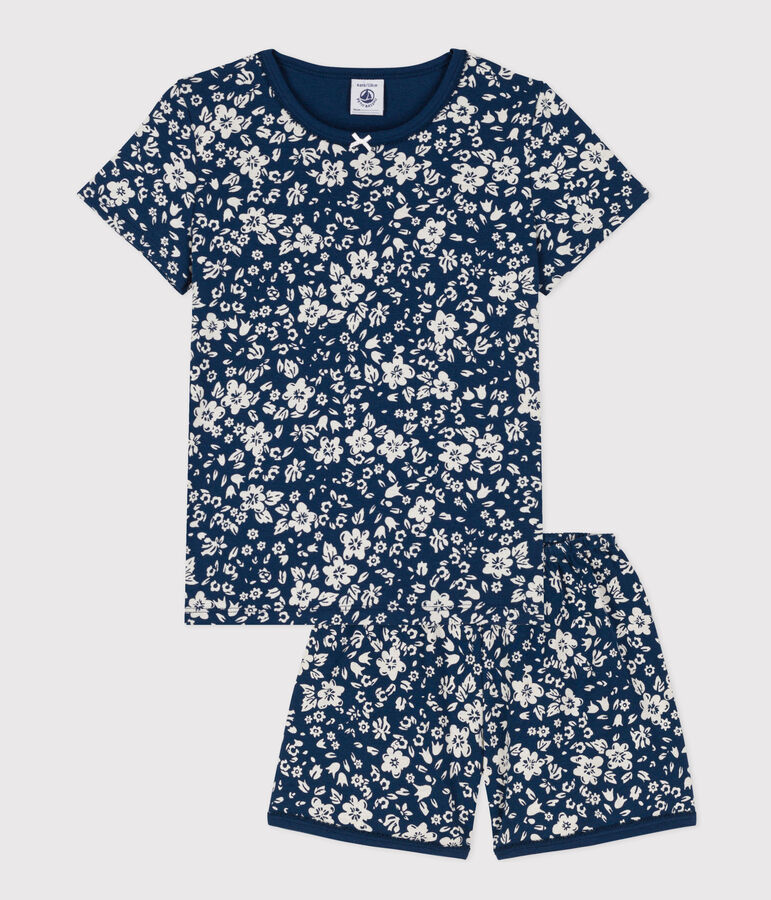 Kinder-Kurzpyjama aus Baumwolle mit Blumenmotiv f&uuml;r M&auml;dchen blau/weiss