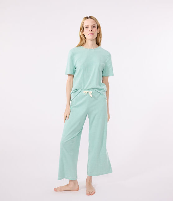 Damen-Pyjama aus Baumwolle mit weiten Beinen und Streifen grün ALOEVERA/weiss MARSHMALLOW